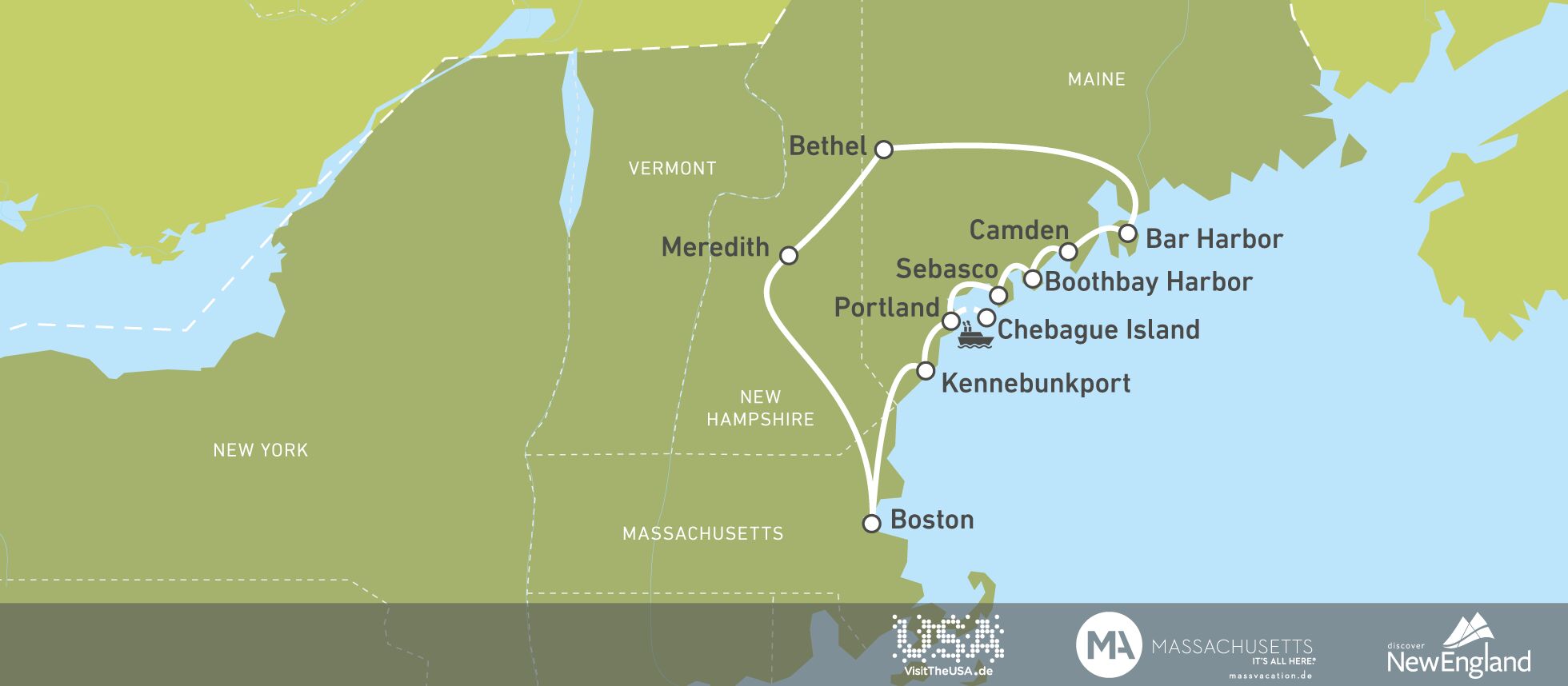 Routen durch Maine, New Hampshire und Massachusetts