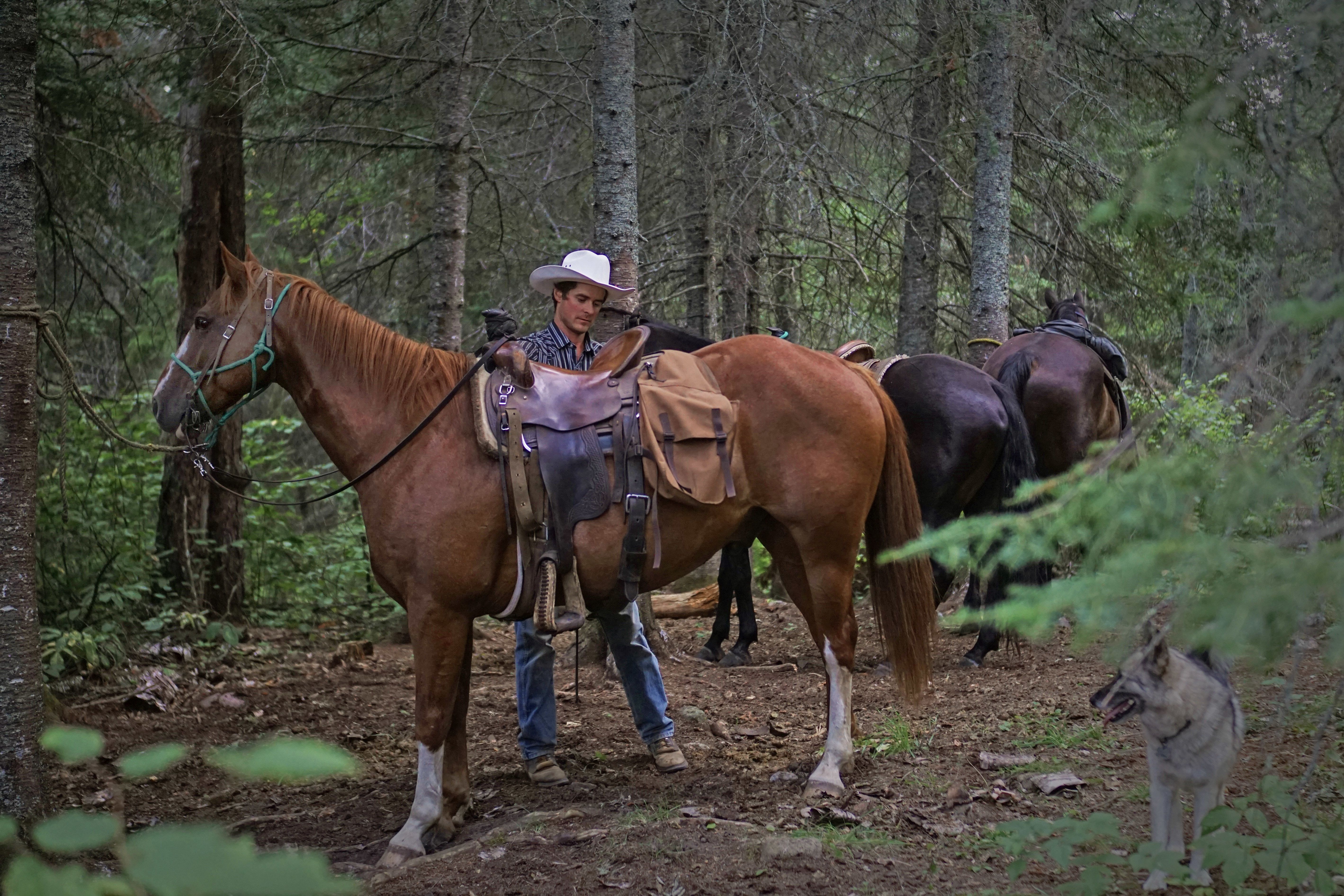 Ein Cowboy auf einer gefÃ¼hrten Tour der Falcon Beach Ranch in Manitoba