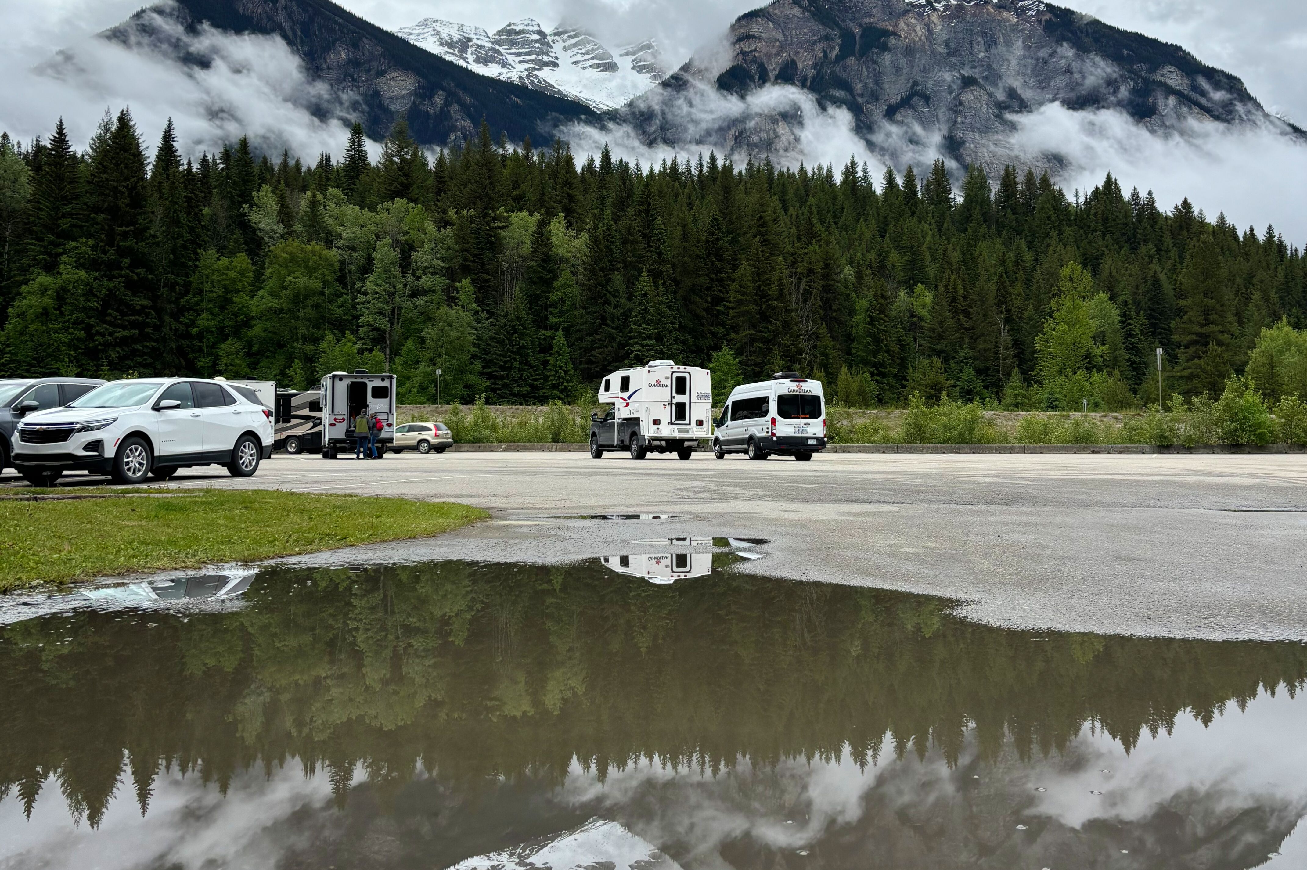 Spiegelbild des Mount Robson im Wasser einer Pfütze