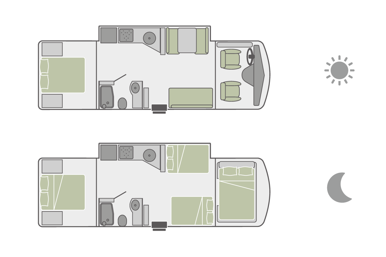 Der Floorplan des C29-31 Wohnmobiles mit Slide-Out bei Tag und Nacht