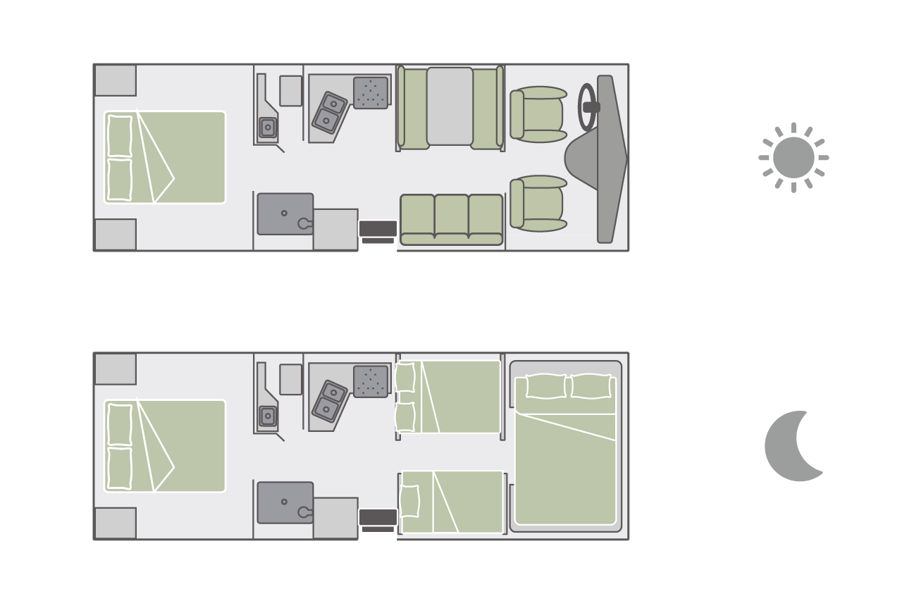 Der Floorplan des C30 Wohnmobiles bei Tag und Nacht