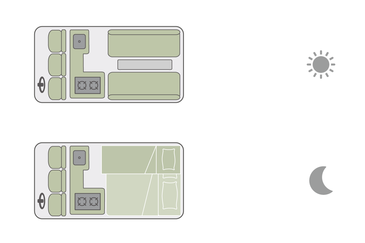 Der Floorplan des Camper Vans von Travellers Autobarn bei Tag und bei Nacht