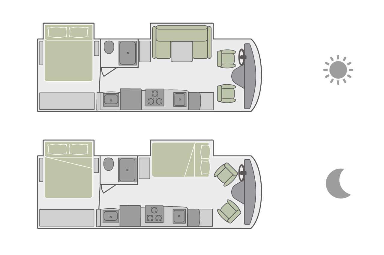 Ein Floorplan des Super Van Conversion Campers bei Tag und Nacht