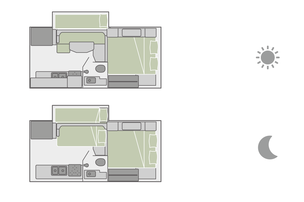 Der Floorplan des Truck Campers mit Slide-Out bei Tag und Nacht