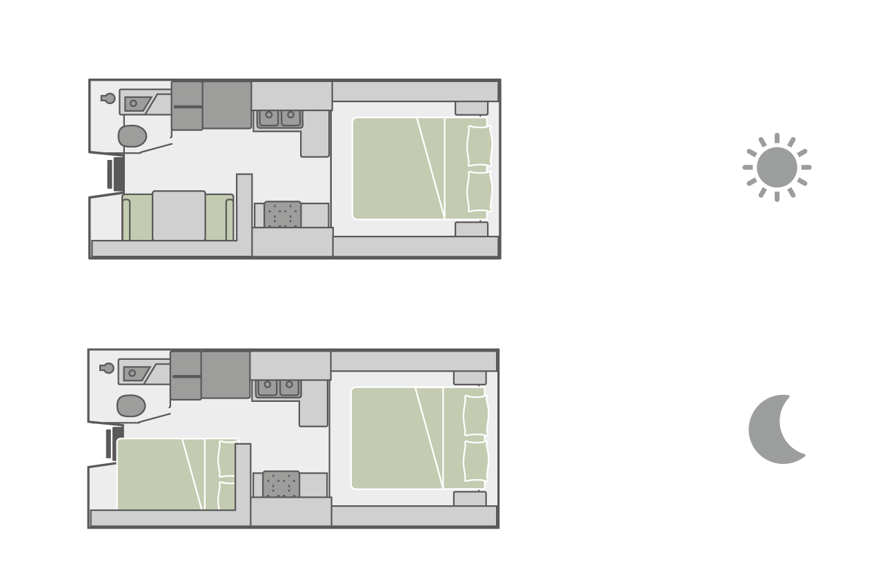 Ein Floorplan eines Truck Campers bei Tag und Nacht