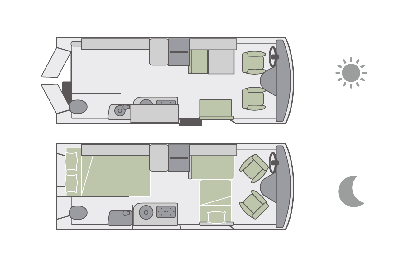 Der Floorplan des Van Conversion Campers bei Tag und Nacht