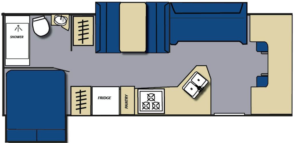 Der Floorplan des Campers C-XLG von Meridian RV fÃ¼r den Tag