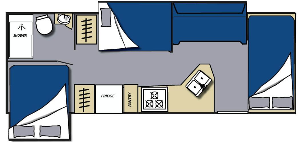 Der Floorplan des Campers C-XLG von Meridian RV fÃ¼r die Nacht