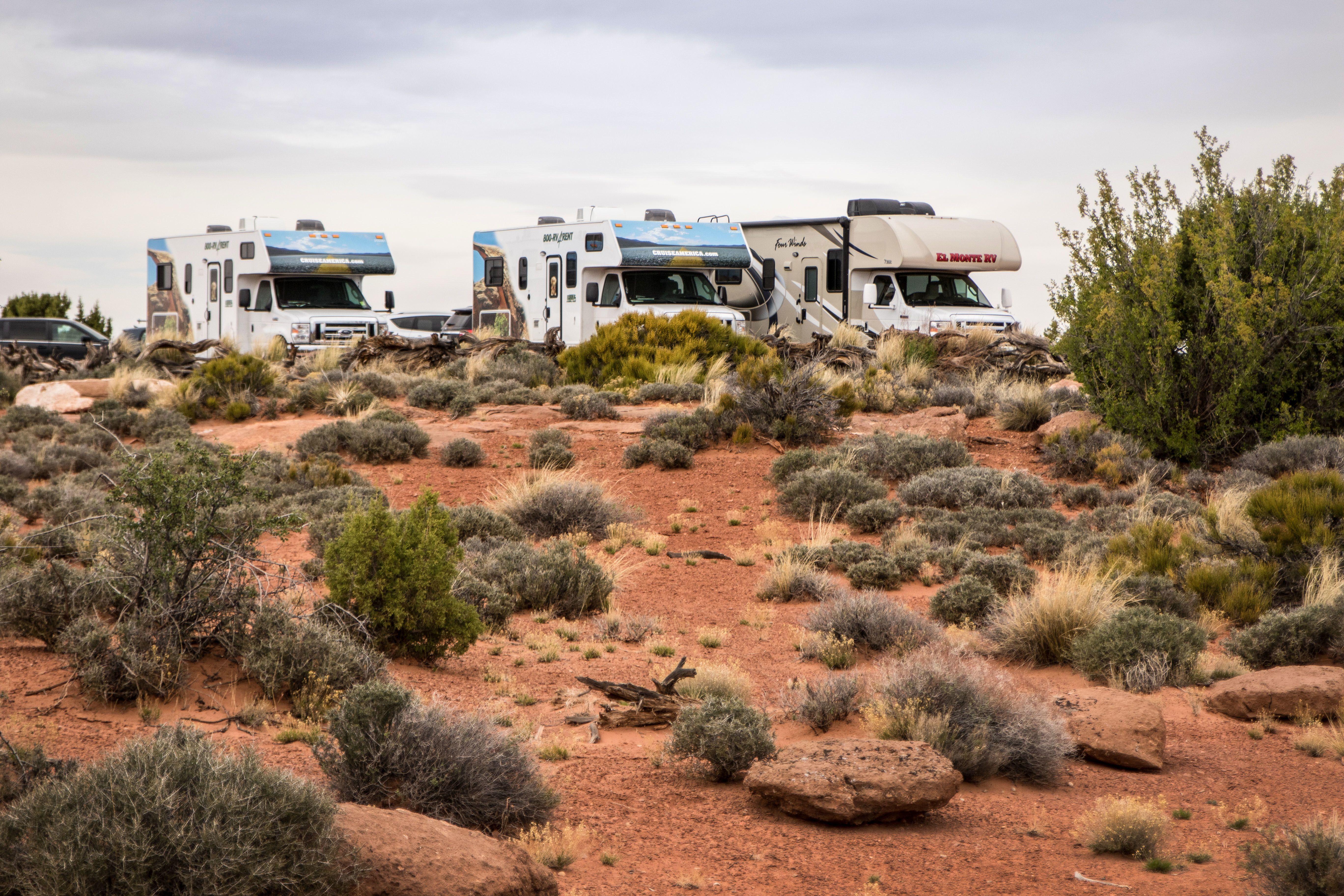 Zwei Standard RV C25 von Cruise America und ein El Monte Wohnmobil im Canyonlands-Nationalpark