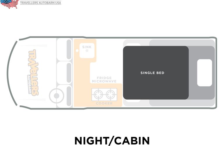 Der Floorplan der hÃ¶heren Ebene des Kuga Campervans von Travellers Autobarn bei Nacht