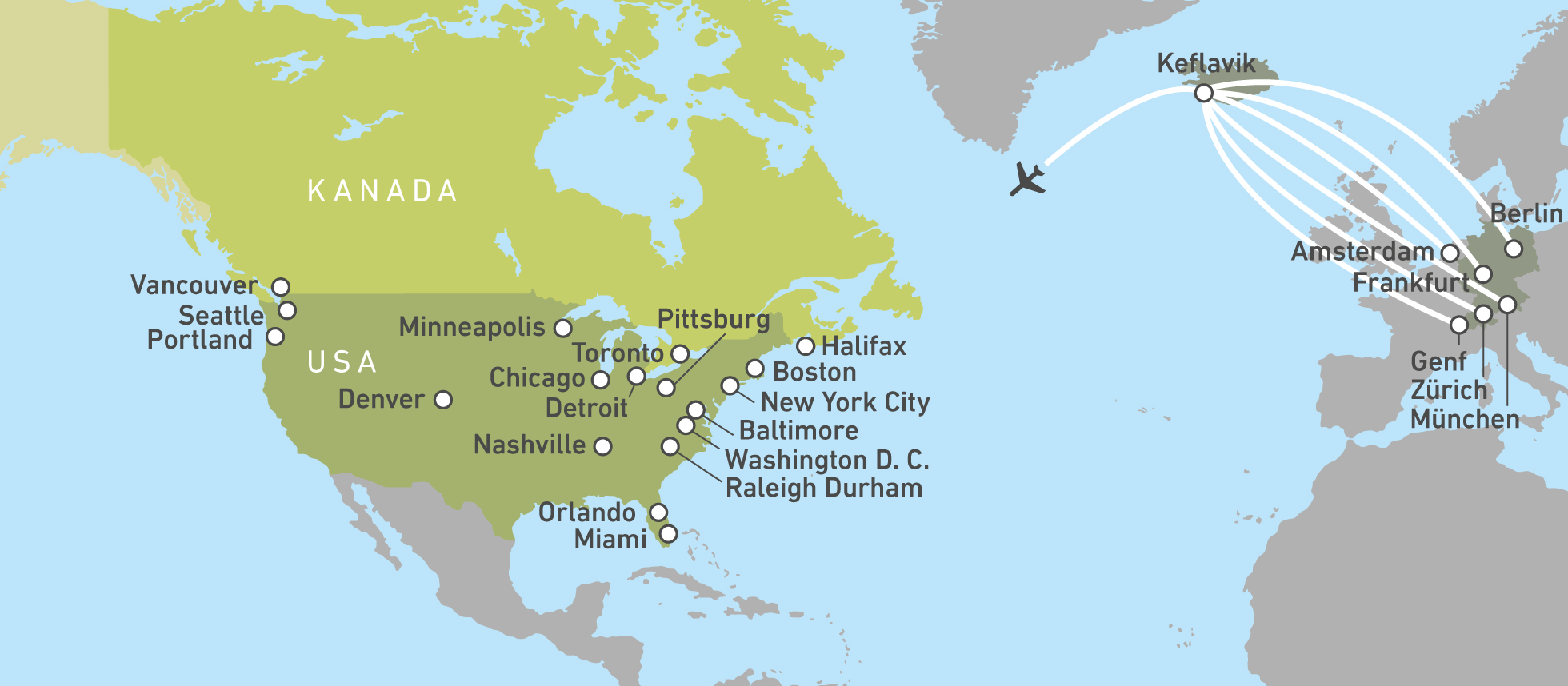 Die Streckennetzkarte von Icelandair Die Streckennetzkarte von Icelandair