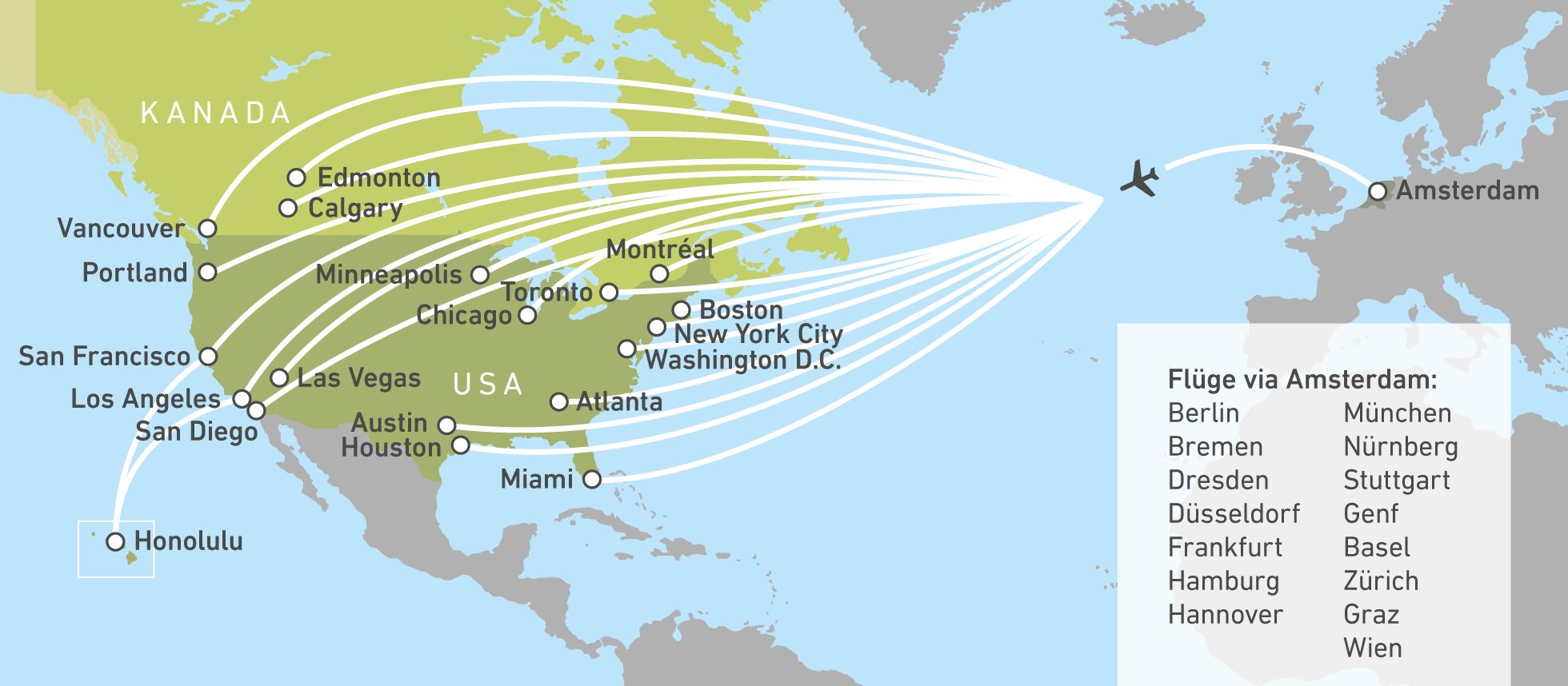 Die Anflughäfen aus Amsterdam von KLM
