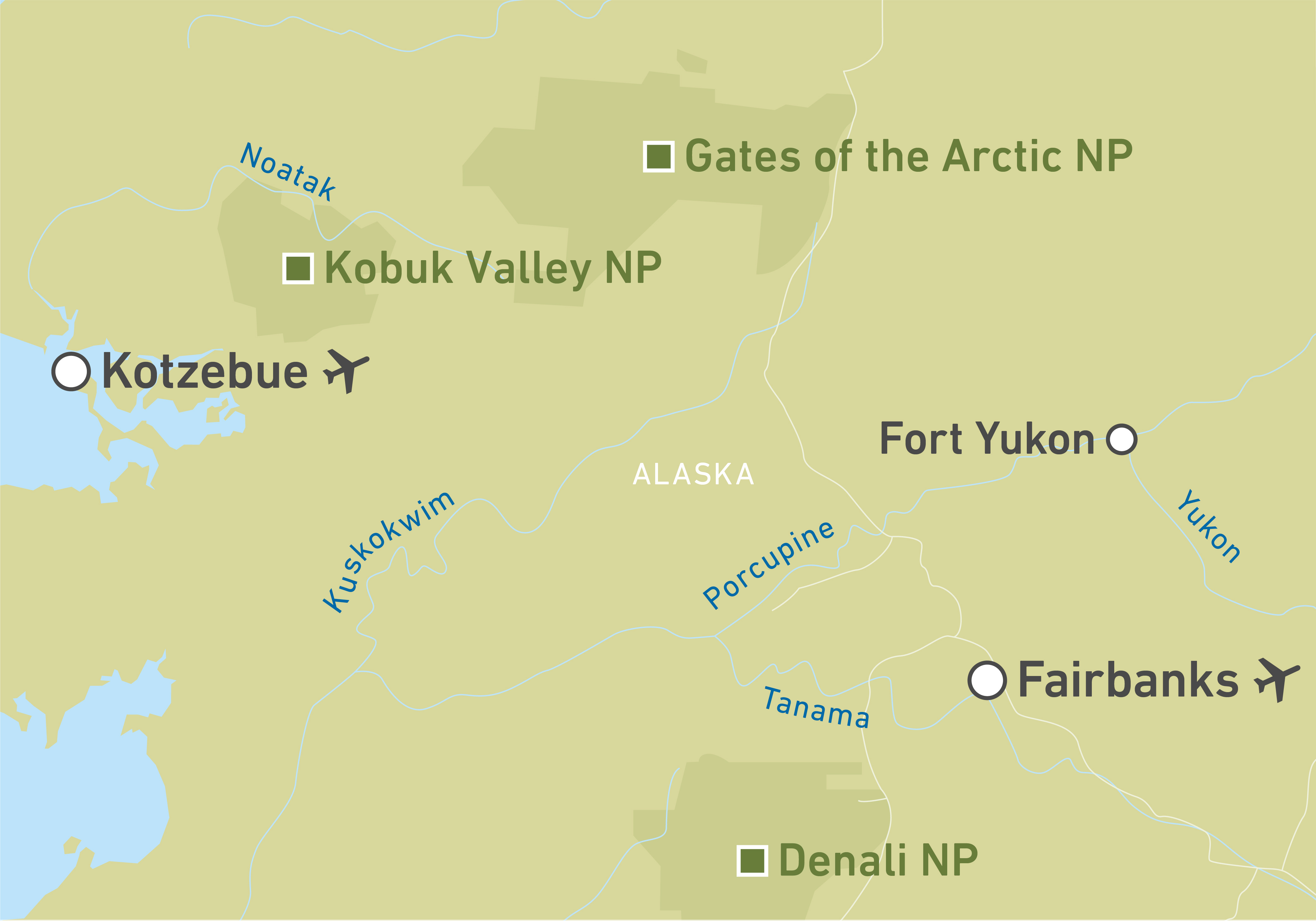 Eine Karte des Kobuk Valley National Park und der Umgebung