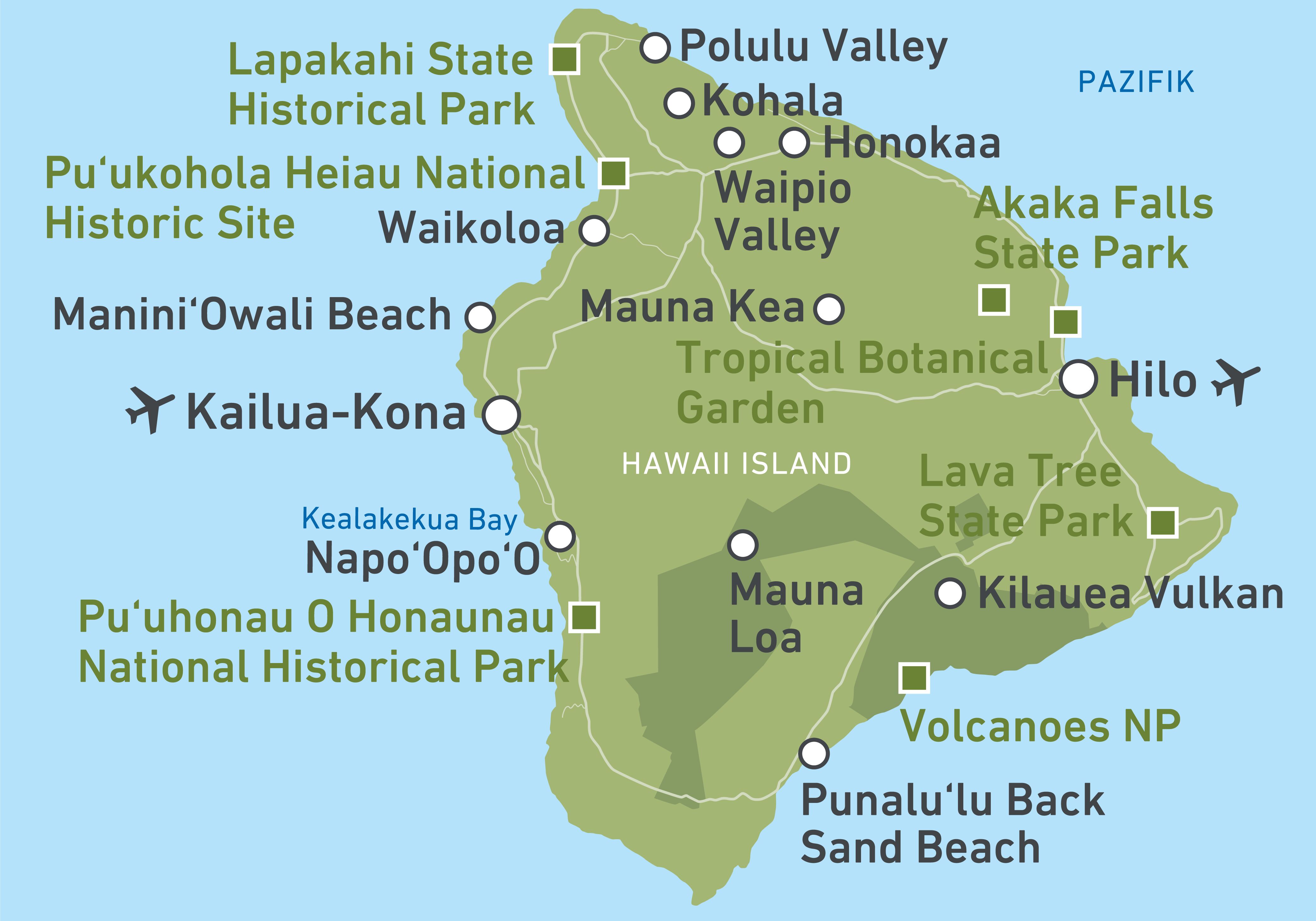Nationalparks auf Hawaii Island Eine Karte der Region um den Hawaii Volcanoes National Park