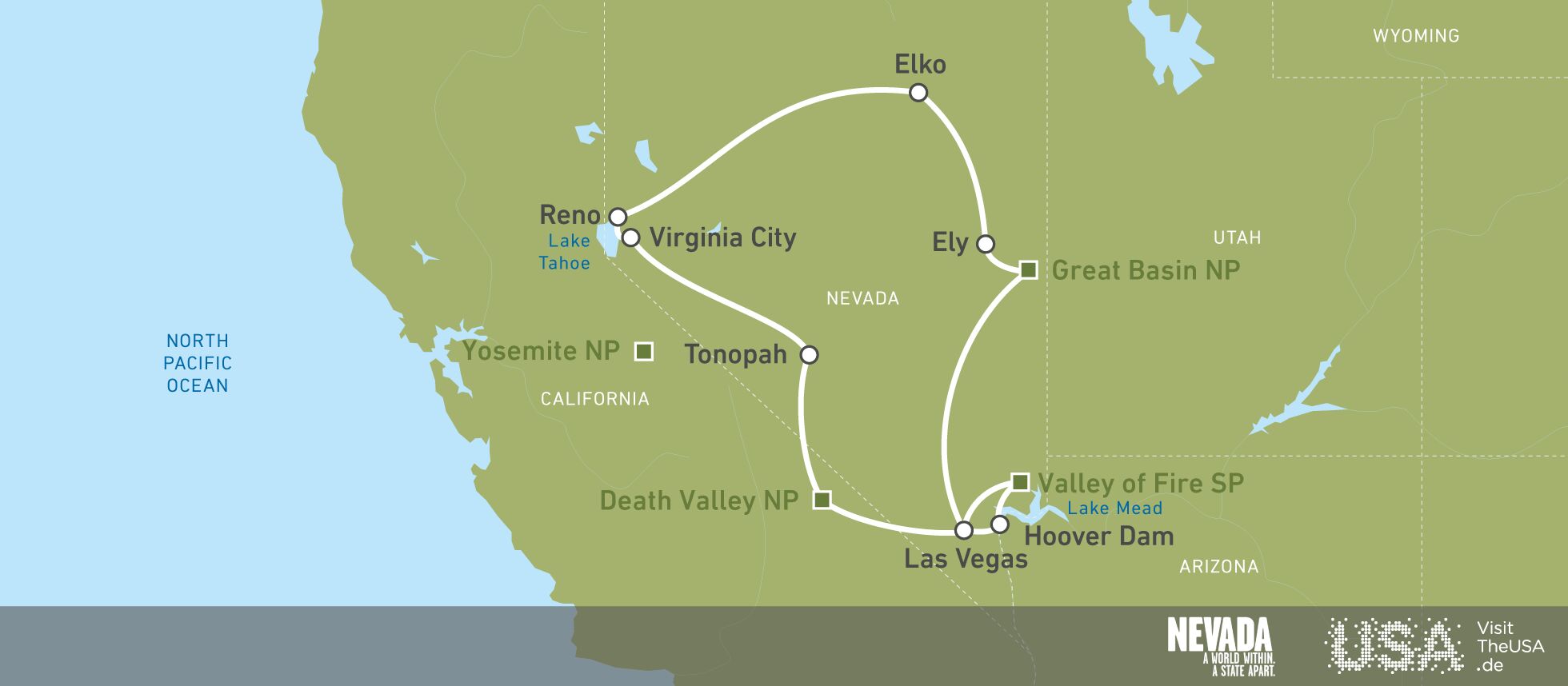 Die Karte der kurzen Scenic Route durch Nevada