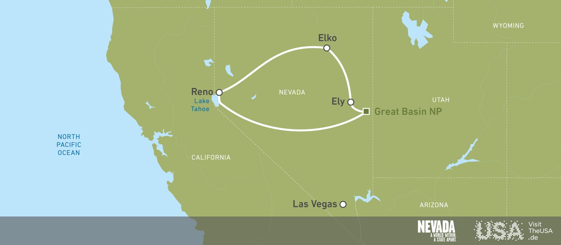 Die Karte der kurzen Scenic Route durch Nevada