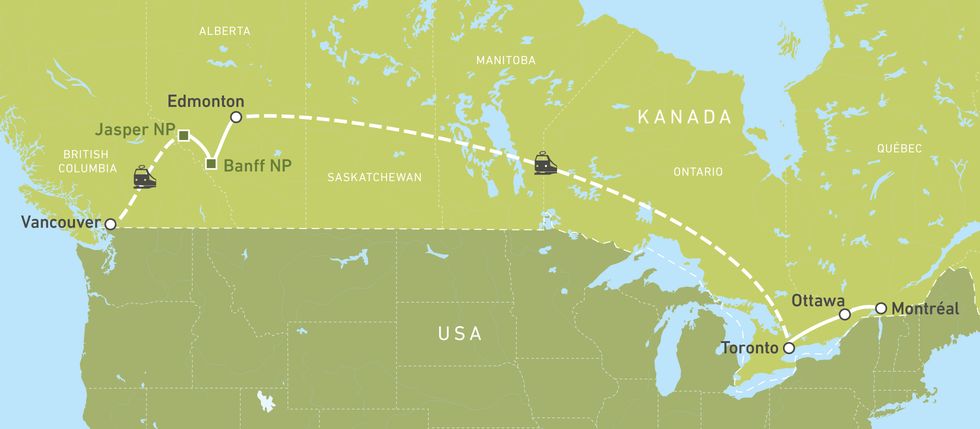 Eine Karte der Busreise "Canadian Discovery" von Montréal nach Vancouver