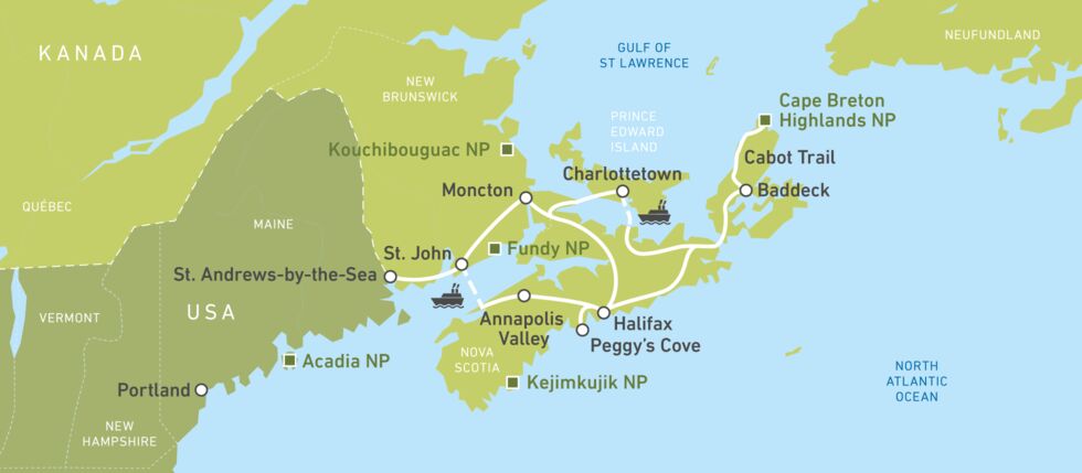 Eine Karte der Atlantik-Maritimes-Busreise von Jonview Canada