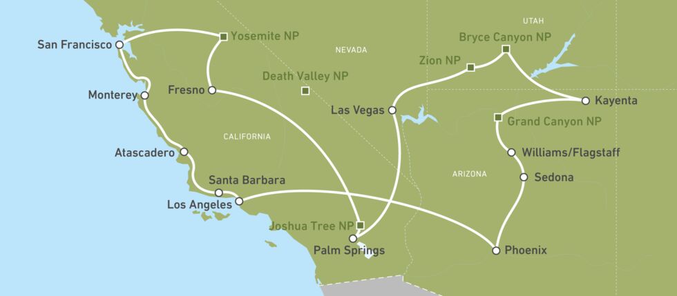 Karte der Busrundreise im Westen der USA