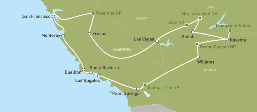 Karte für die Busreise von AR "West Coast & National Parks"