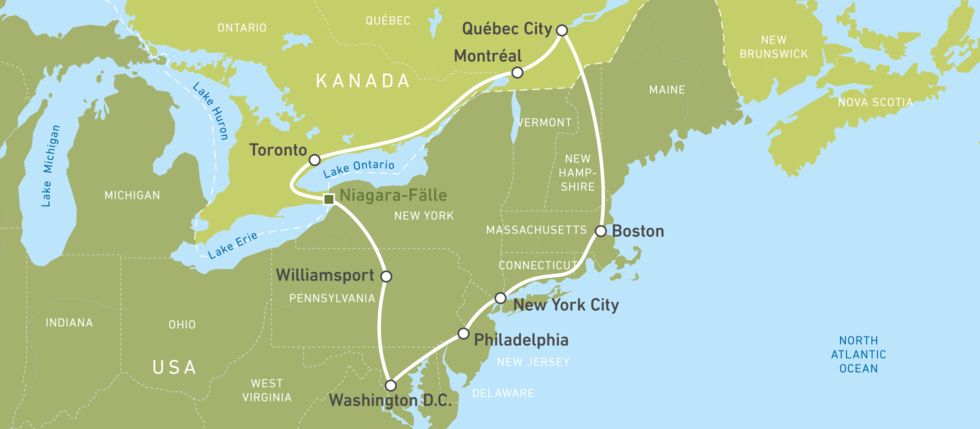 Eine Karte der Eastern-Highlights-Bustour durch die USA