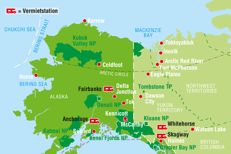 Die Vermietstationen in Alaska und British Columbia