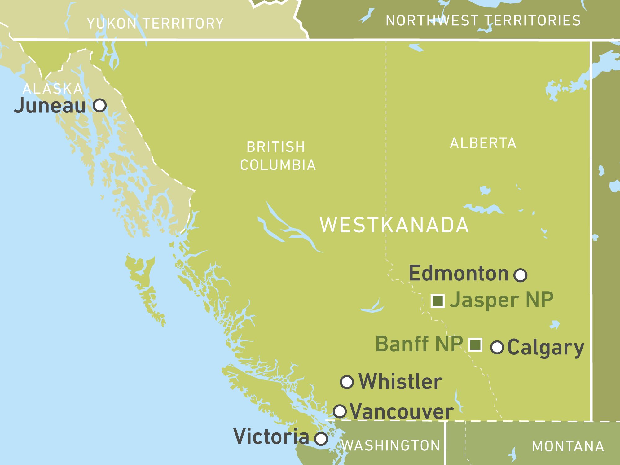 Karte von Westkanada mit British Columbia und Alberta
