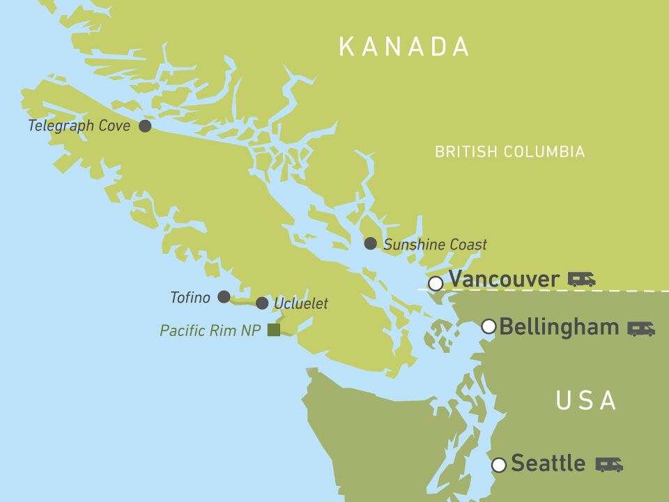 Karte mit Wohnmobil Vermietstationen und Highlights