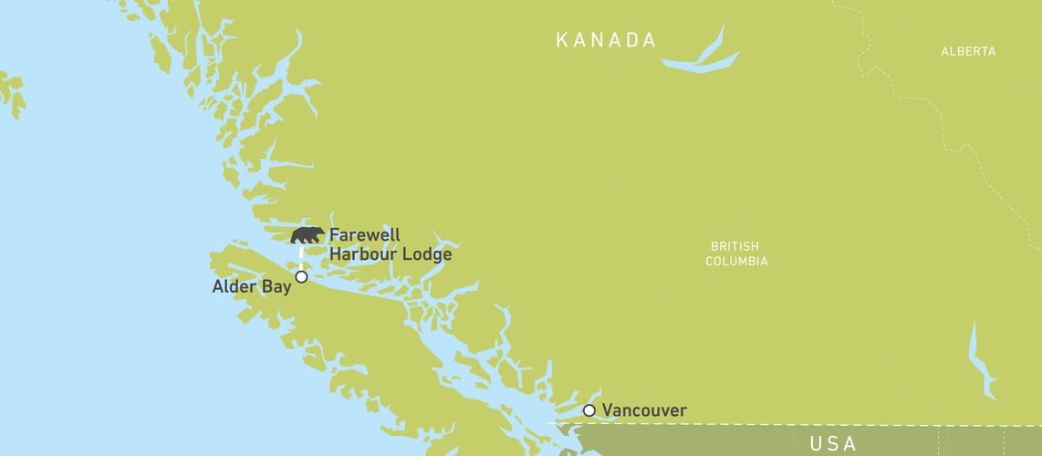 Karte der Farewell Harbour Lodge zur Bärenbeobachtung in British Columbia