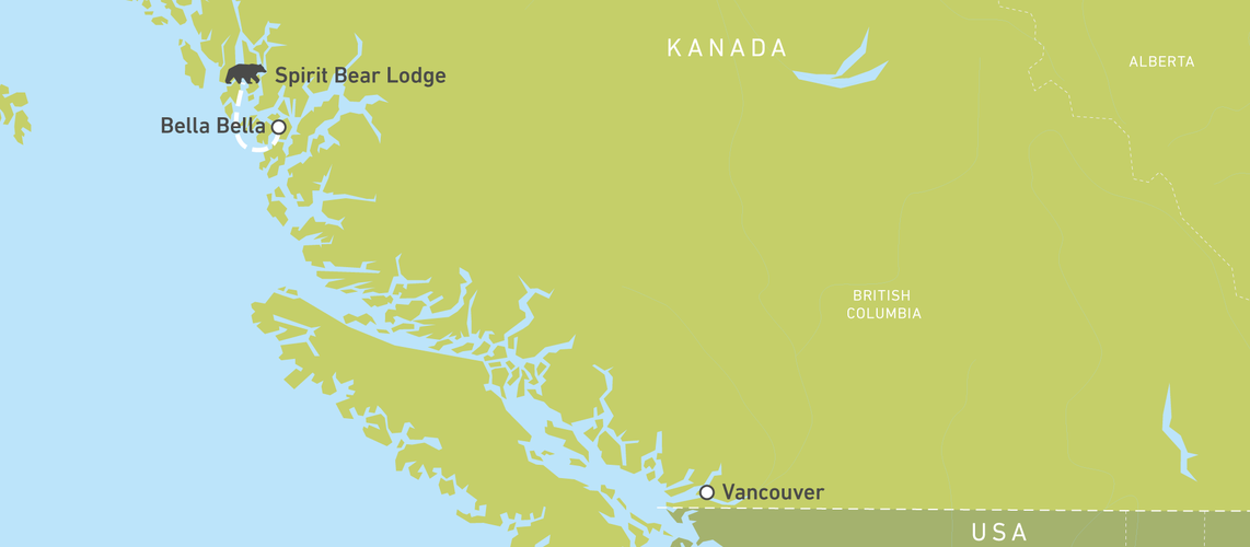 Karte der Spirit Bear Lodge zur Bärenbeobachtung in British Columbia