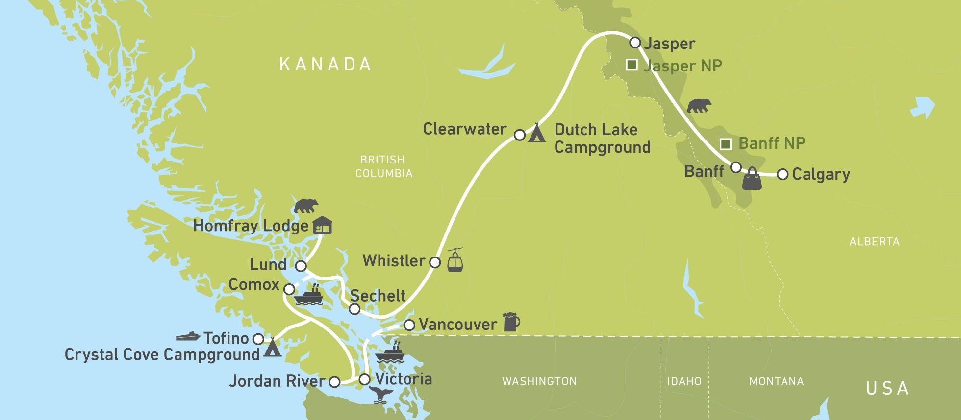 Routenkarte der Reise von CANUSA Mitarbeiterin Kristin Weide durch Westkanada Routenkarte der Reise von CANUSA Mitarbeiterin Kristin Weide durch Westkanada
