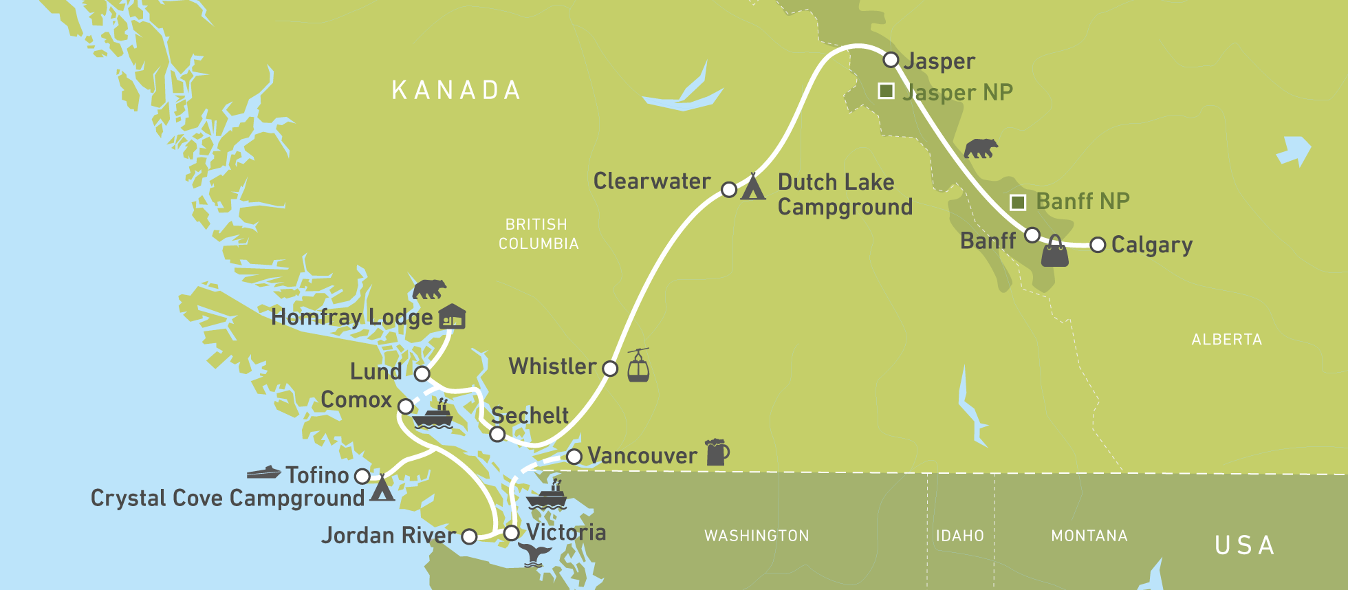 Routenkarte der Reise von CANUSA Mitarbeiterin Kristin Weide durch Westkanada