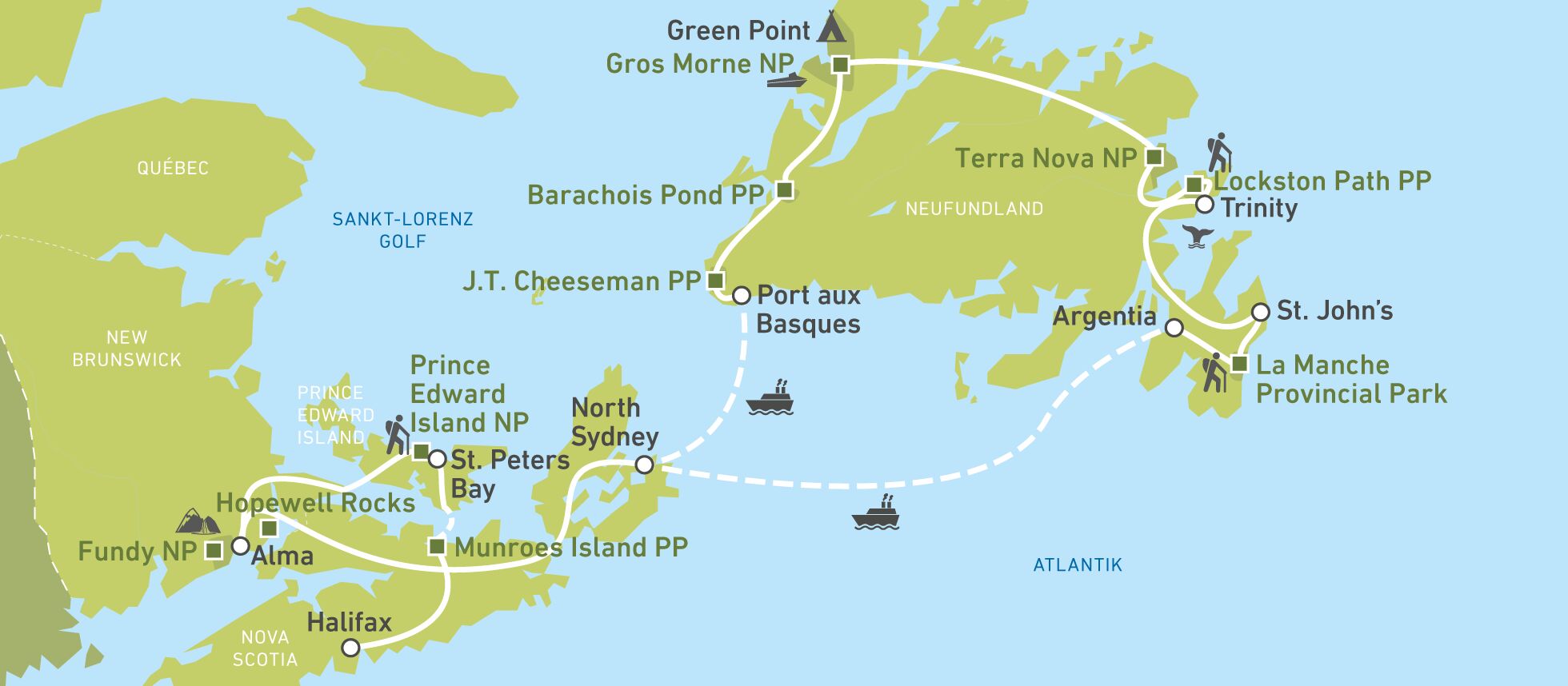Die Karte einer Wohnmobilreise durch Atlantik-Kanada Die Karte einer Wohnmobilreise durch Atlantik-Kanada