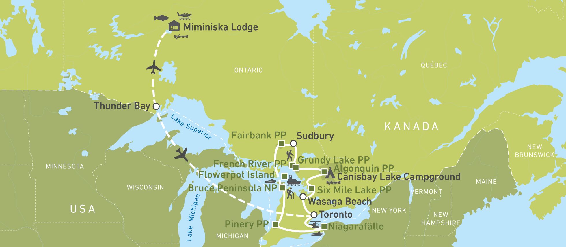 Die Karte einer Mitarbeiterreise durch Ontario