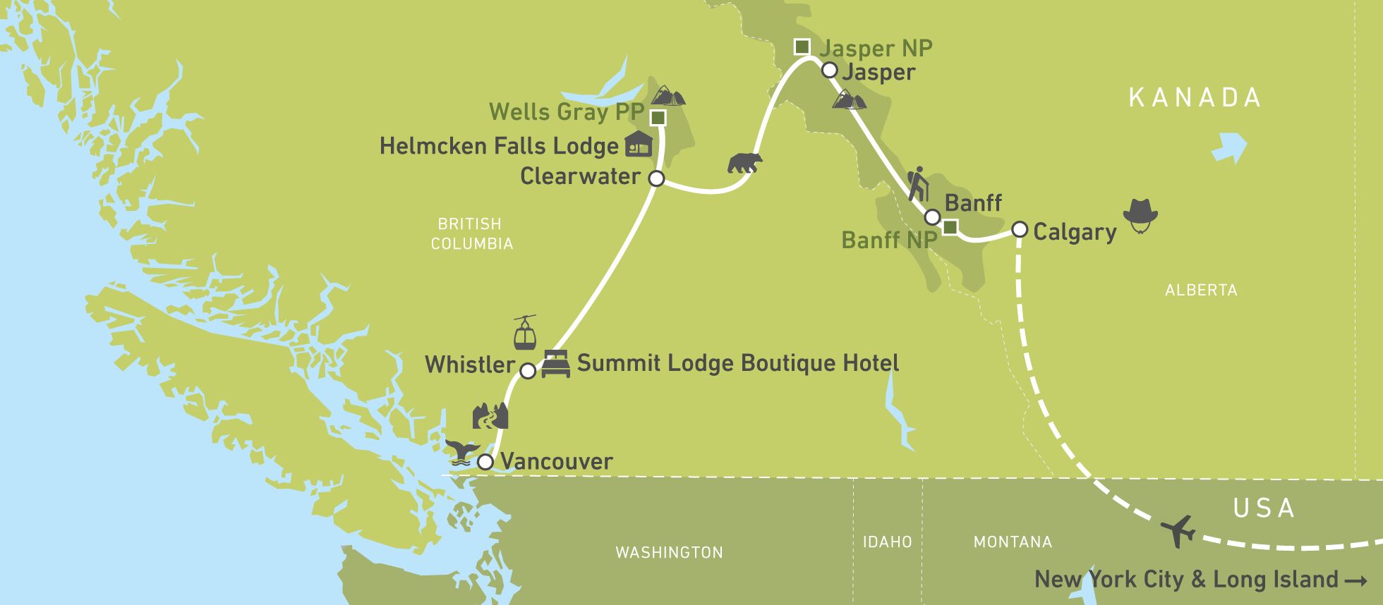 Eine Karte einer Route durch Westkanada Eine Karte einer Route durch Westkanada