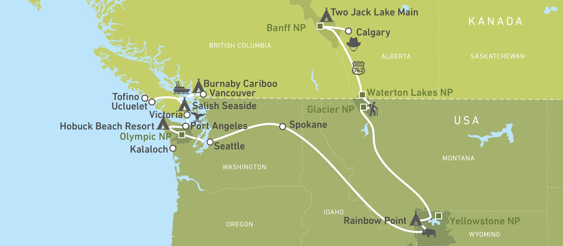 Eine CANUSA Unterwegs Karte von Calgary nach Vancouver Eine CANUSA Unterwegs Karte von Calgary nach Vancouver