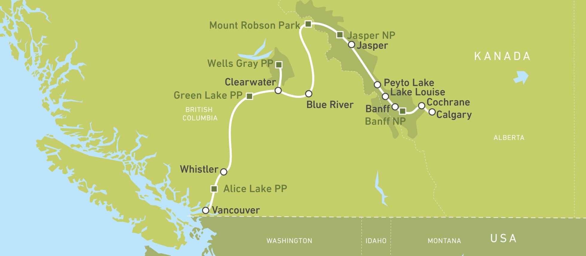 Die Reiseroute von Julia Hebenbrock durch Westkanada