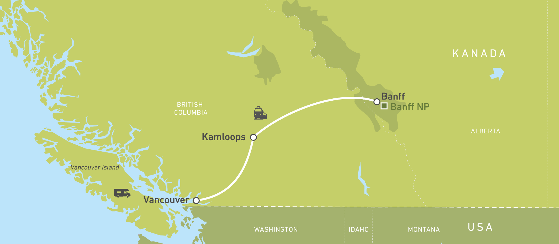 Karte der Zugreise im Rocky Mountaineer Karte der Zugreise im Rocky Mountaineer