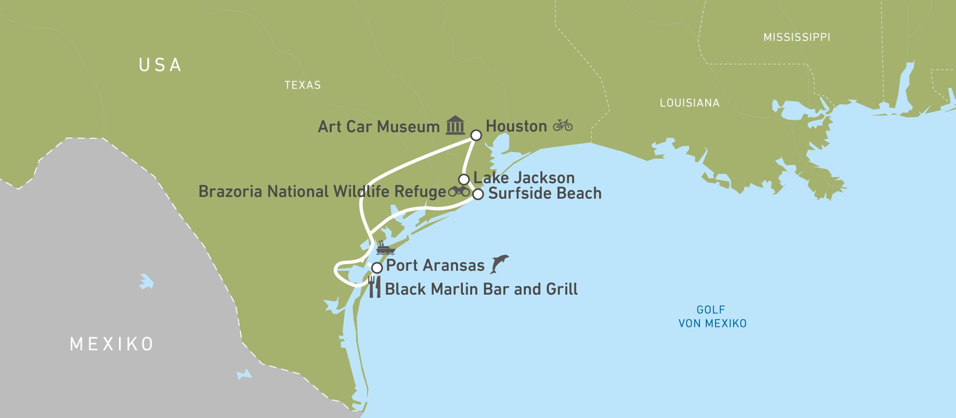 Routenkarte von einer Mitarbeiterreise durch Texas