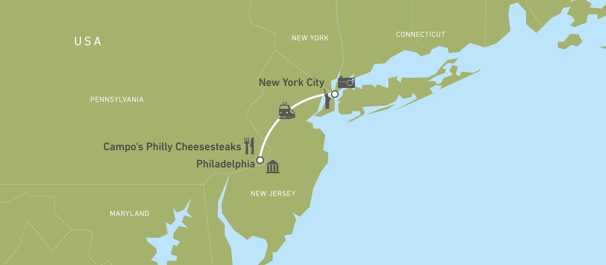 Eine Karte einer Mitarbeiterreise von New York nach Philadelphia