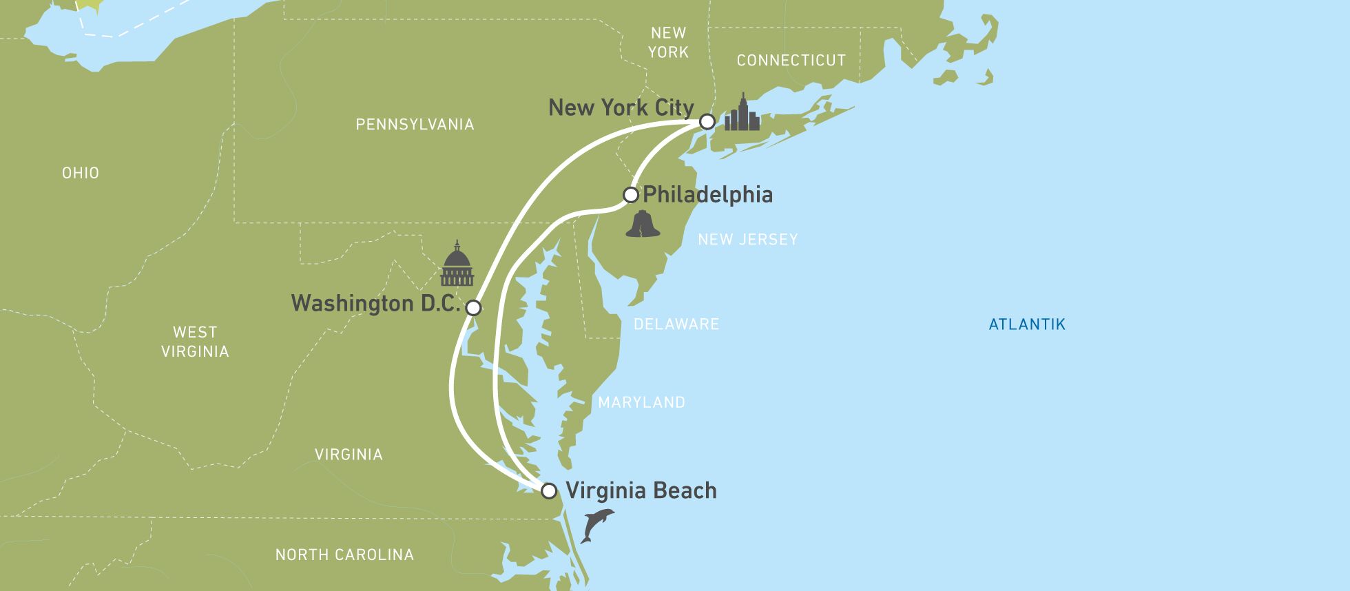 Routenkarte der Reise an der Ostküste der USA von CANUSA Mitarbeiterin Laura Hardt