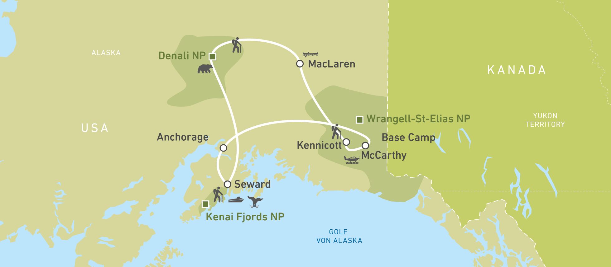 Eine Karte der Busreise einer CANUSA Mitarbeiterin durch Alaska Eine Karte der Busreise einer CANUSA Mitarbeiterin durch Alaska