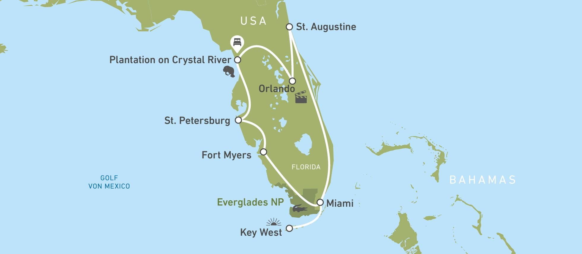 Eine Karte eines CANUSA Unterwegs Berichts über eine Reise durch Florida