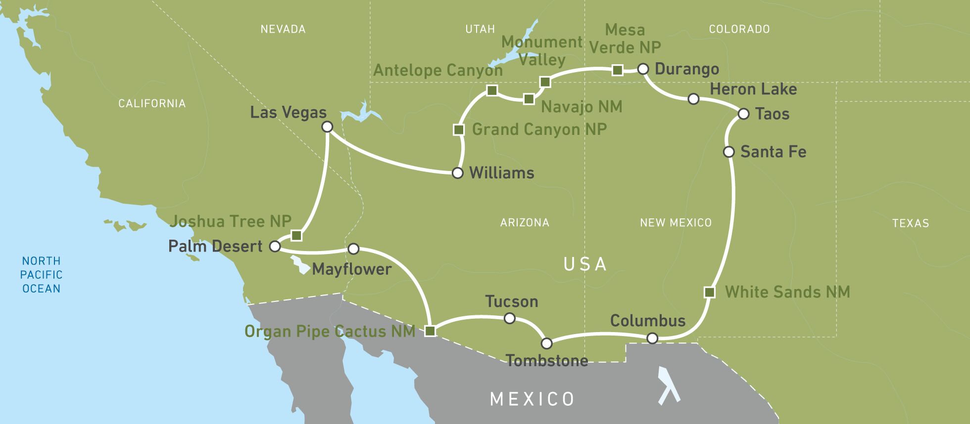 Karte der Rundreise durch Nevada, Kalifornien, Arizona, New Mexico, Colorado und Utah