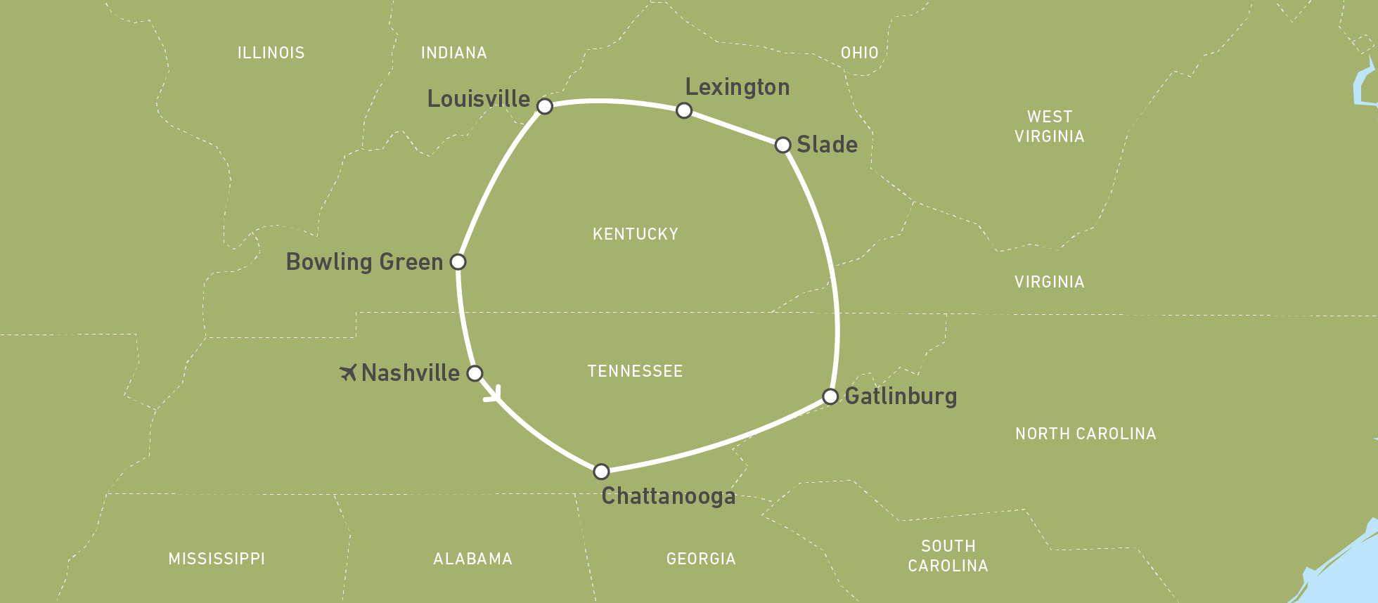 Die Route durch Tennessee und Kentucky