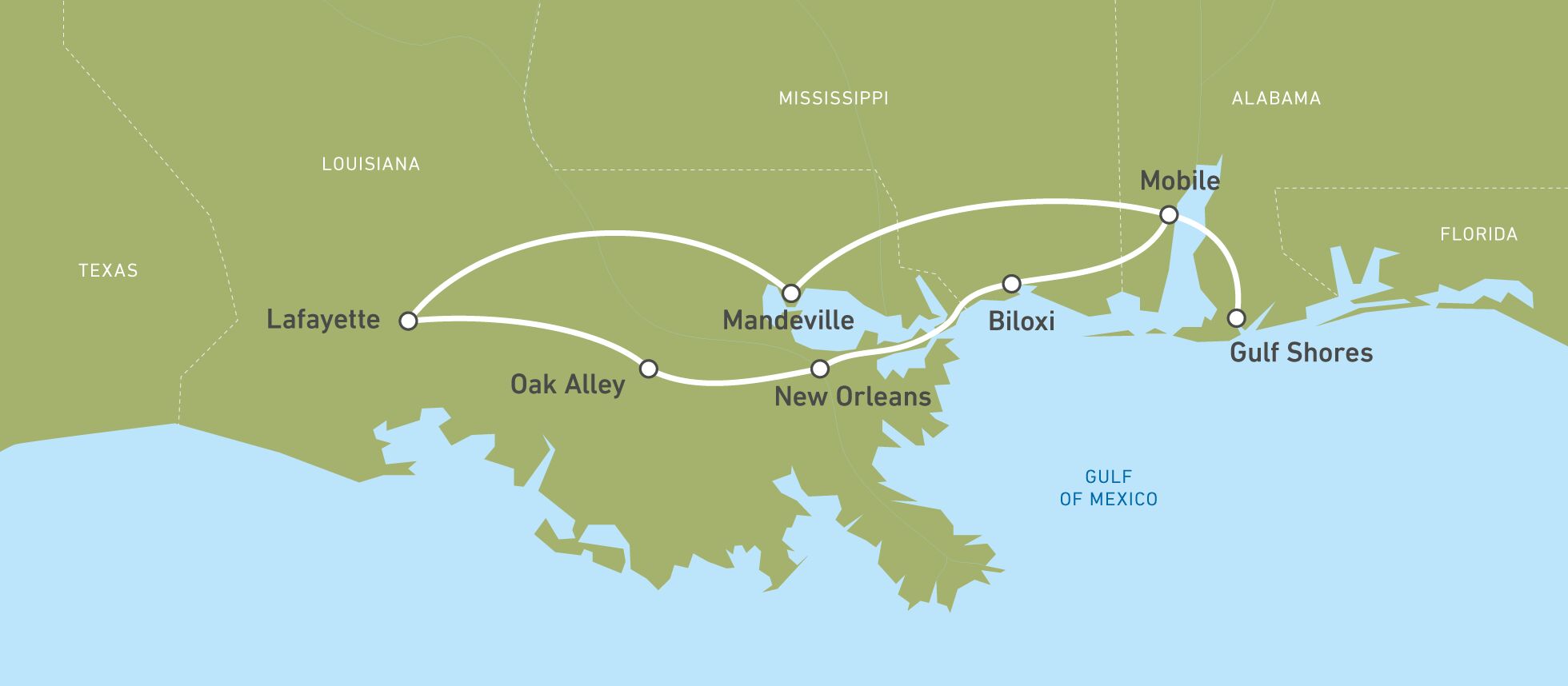 Die Reiseroute von Dana und Luisa durch Florida, Alabama, Mississippi und Louisiana