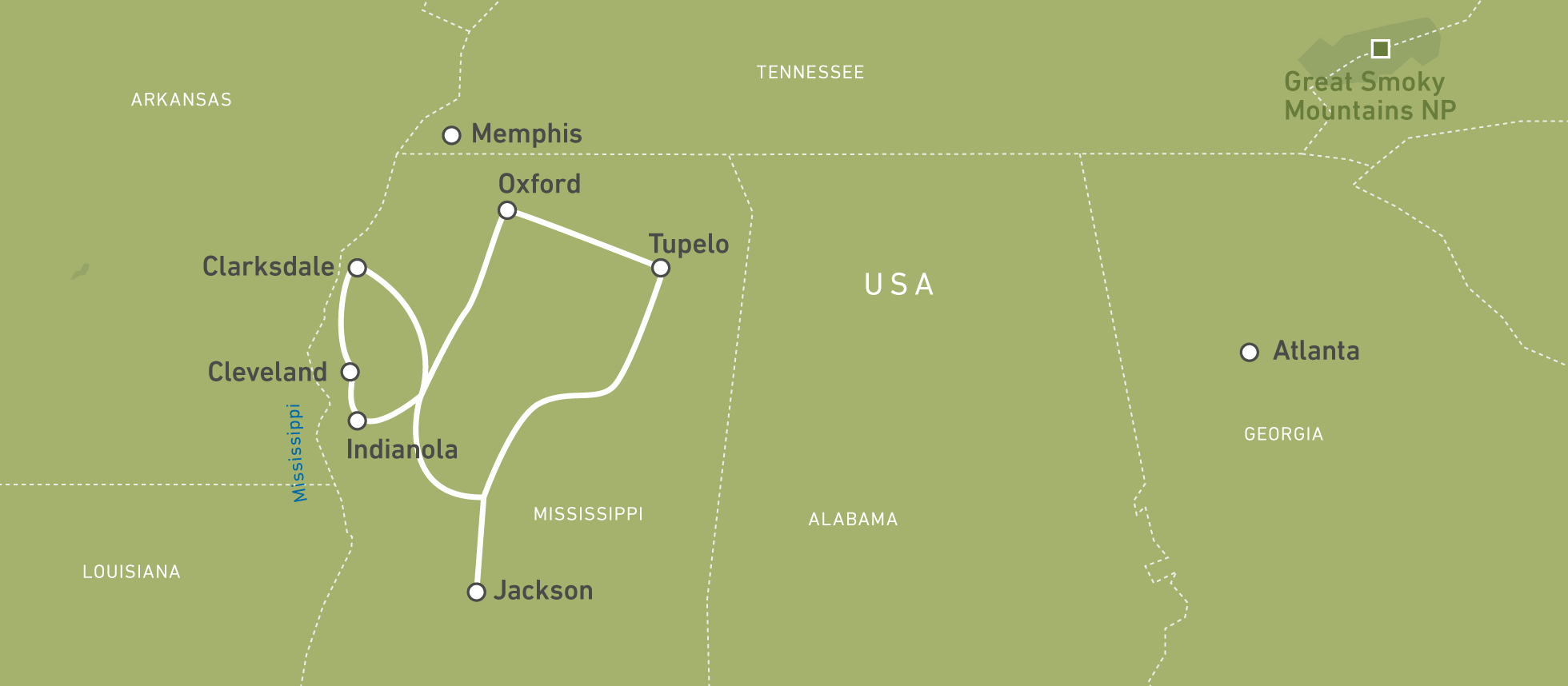 Die Reiseroute von Anngret Rossol durch Mississippi