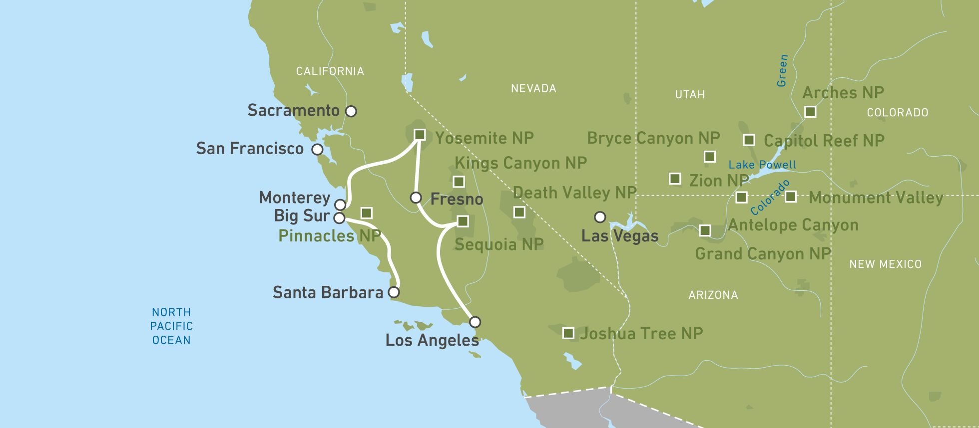 Die Reiseroute von Annika Werner durch Kalifornien