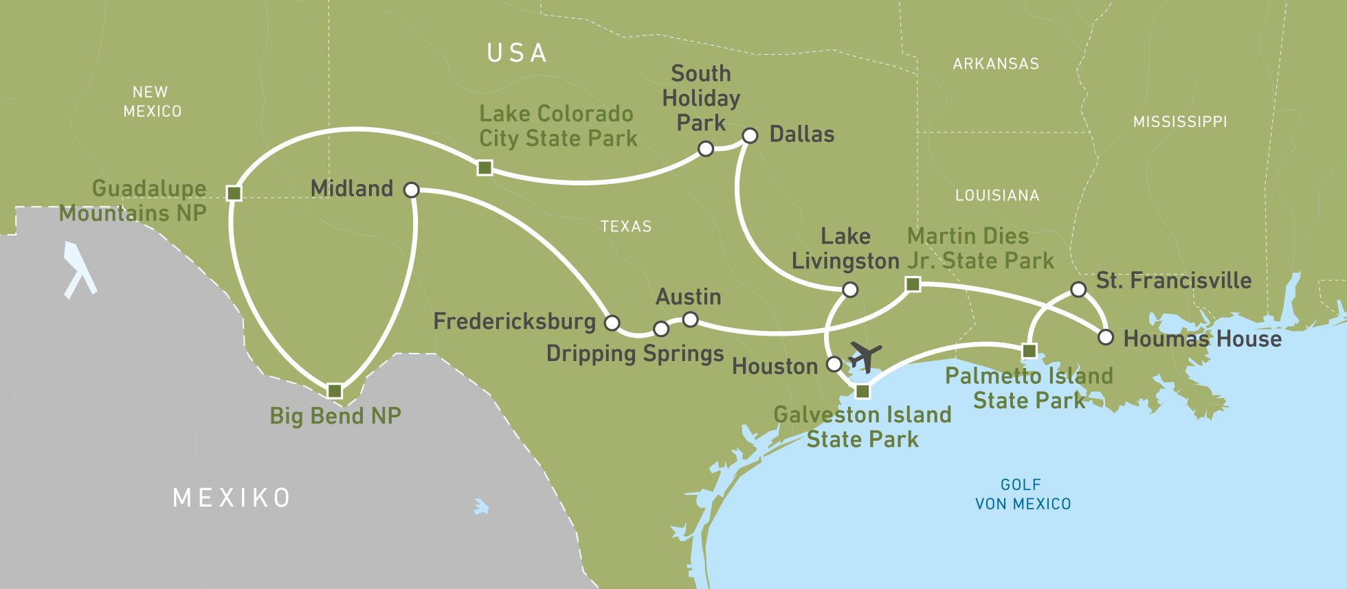 Die Reiseroute von Lena Weigert durch Texas Die Reiseroute von Lena Weigert durch Texas