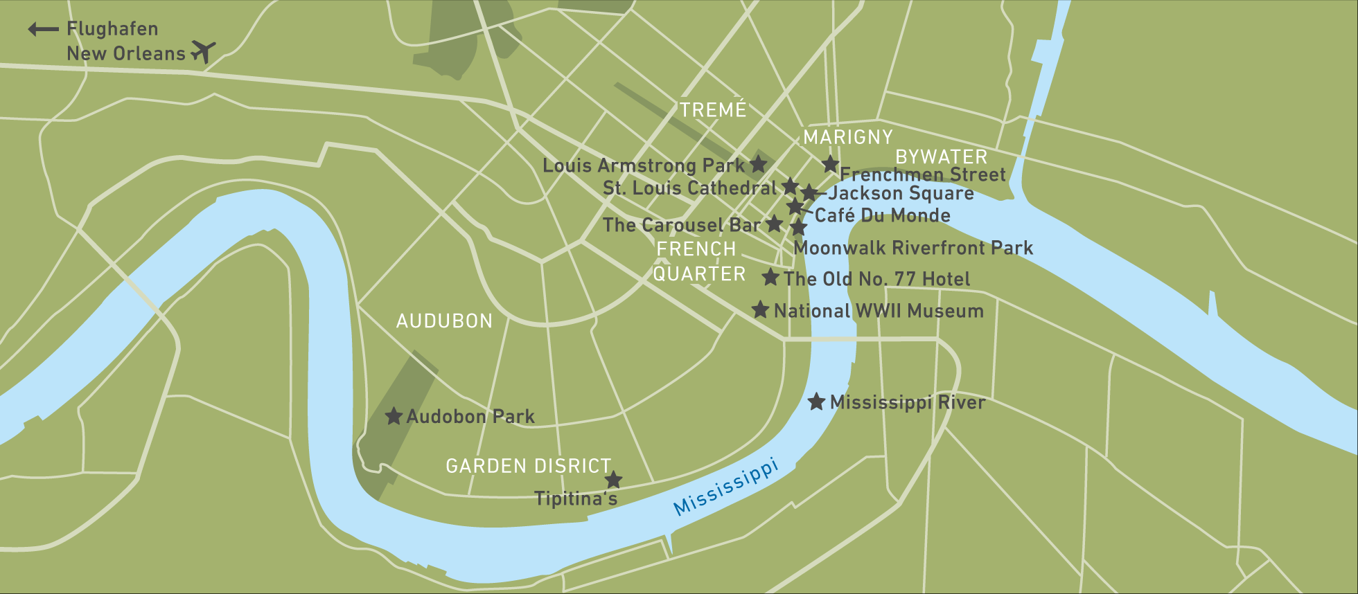 Übersichtskarte der Highlights von New Orleans